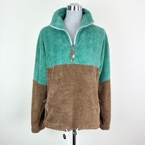 Kazane Teddy Fleece Half Zip Color Block Green Brown Unisex Size Small